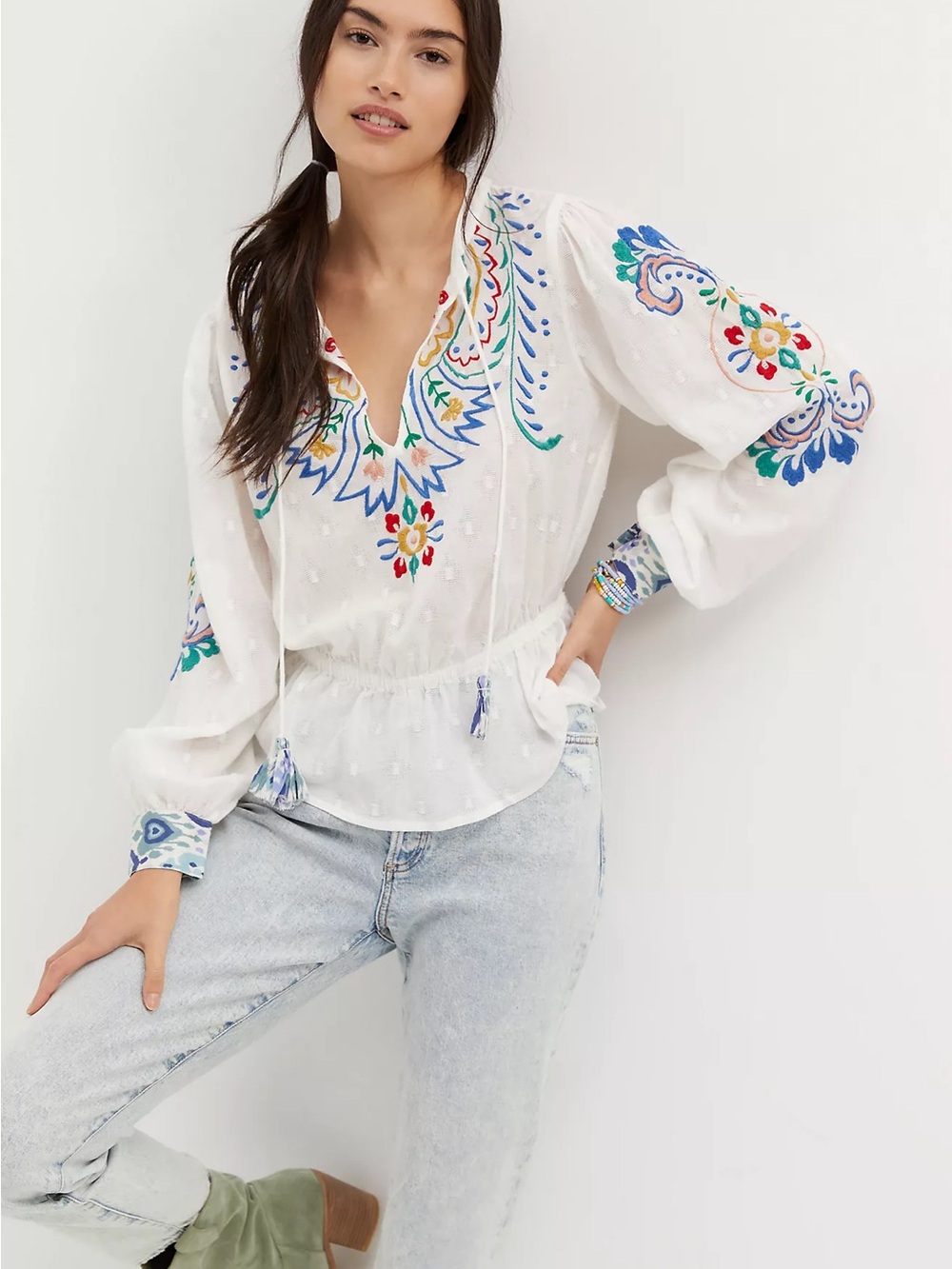🪷 Anthropologie Forever That Girl Women’s Embroidered Cotton Peasant Blouse - XS